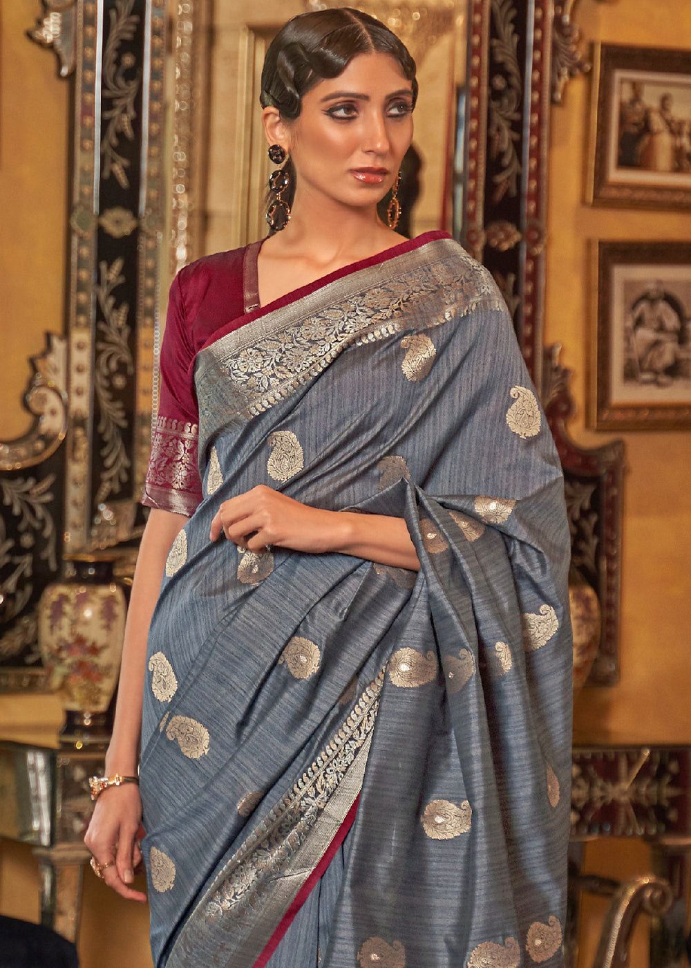 Pewter Grey Zari Woven Tussar Silk Saree - Colorful Saree