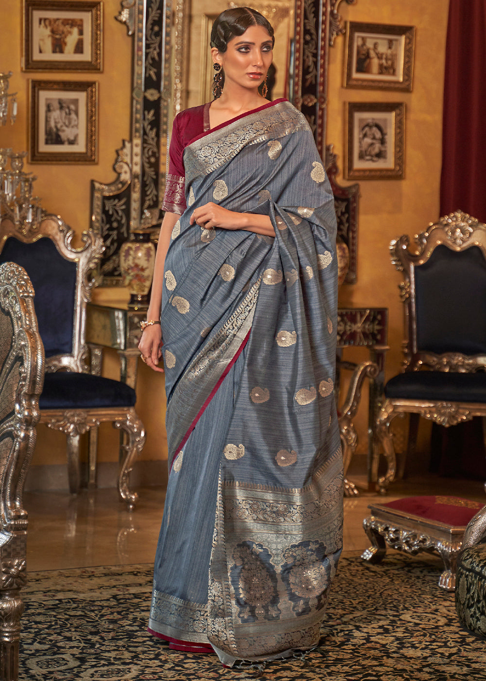 Pewter Grey Zari Woven Tussar Silk Saree - Colorful Saree