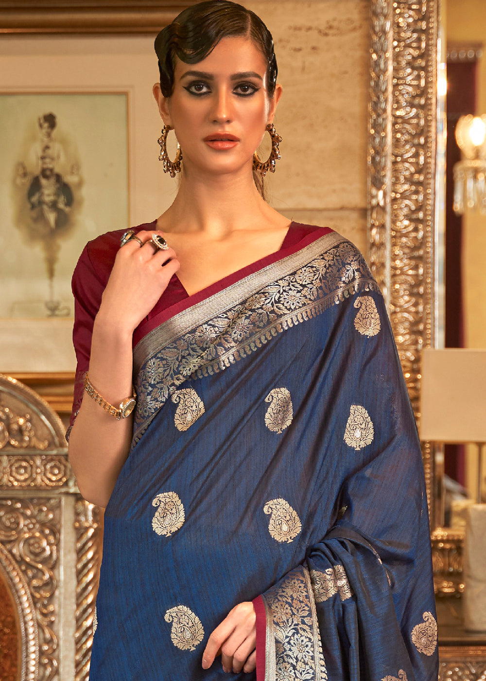 Midnight Blue Zari Woven Tussar Silk Saree - Colorful Saree