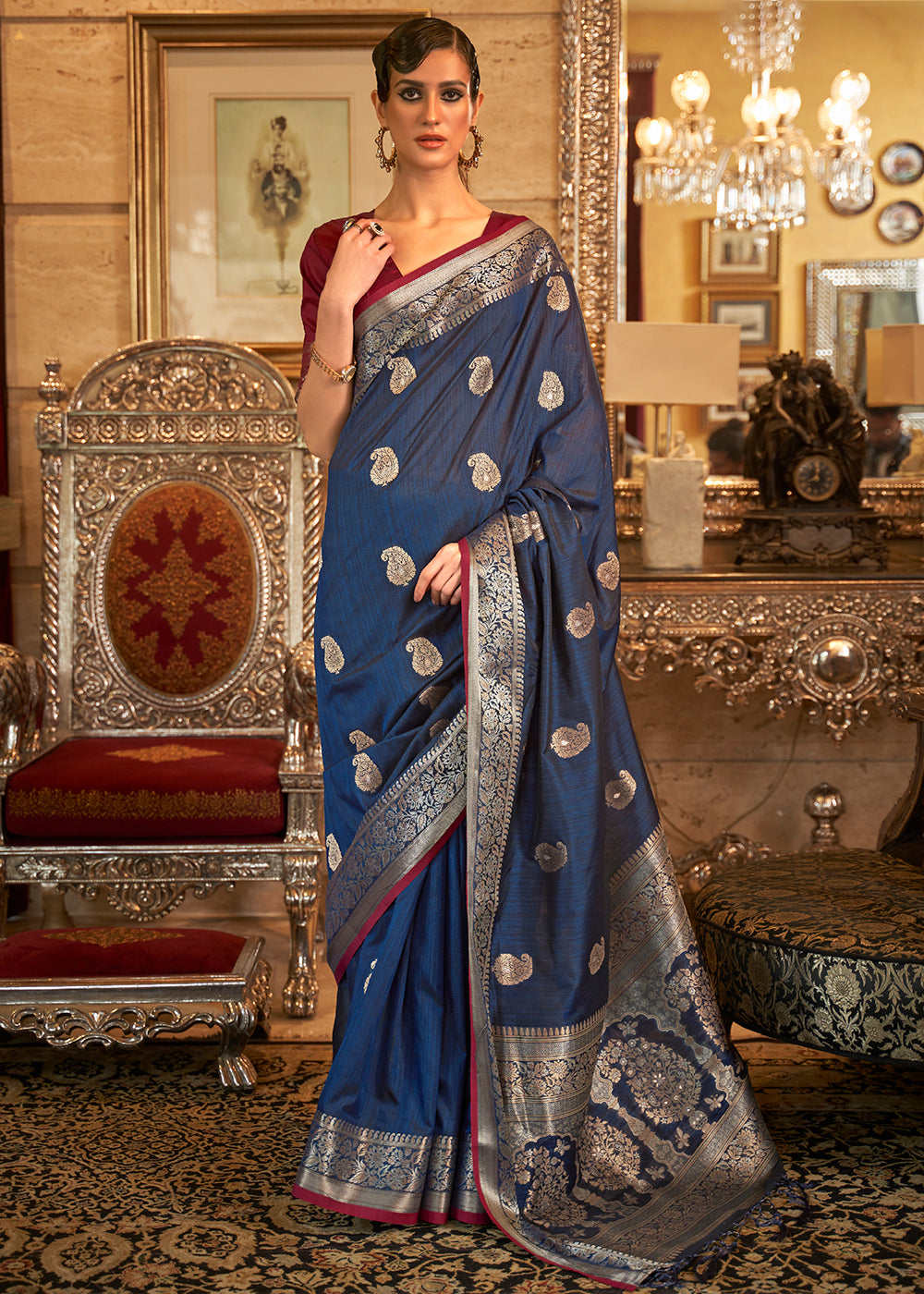 Midnight Blue Zari Woven Tussar Silk Saree - Colorful Saree