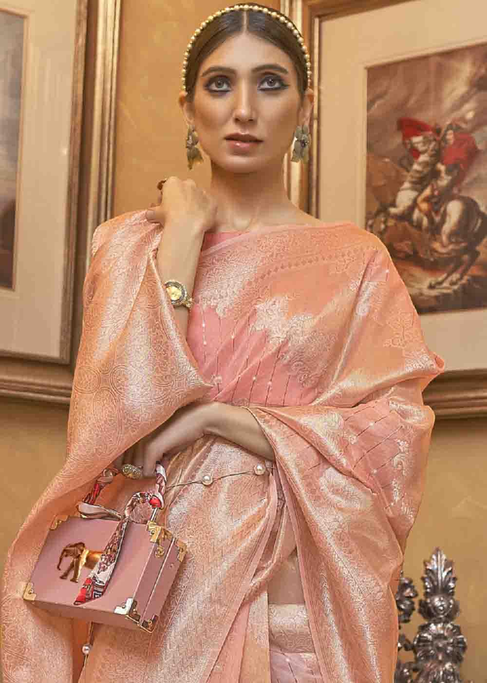 Coral Pink Woven Banarasi Silk Saree with Sequins work - Colorful Saree