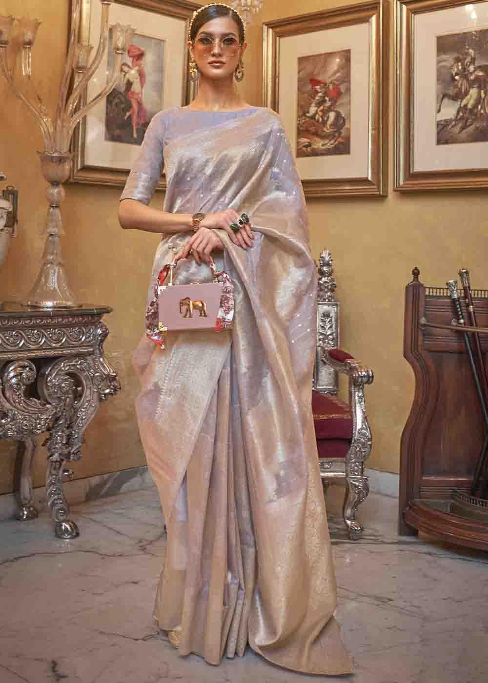 Blueish Grey Woven Banarasi Silk Saree with Sequins work - Colorful Saree