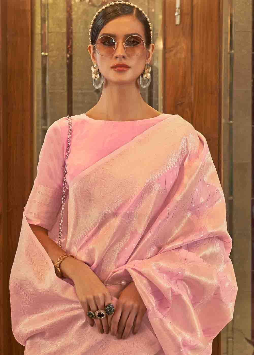 Vivid Pink Woven Banarasi Silk Saree with Sequins work - Colorful Saree