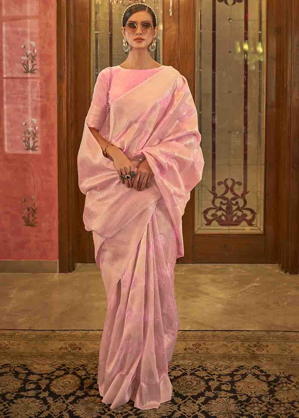 Vivid Pink Woven Banarasi Silk Saree with Sequins work - Colorful Saree