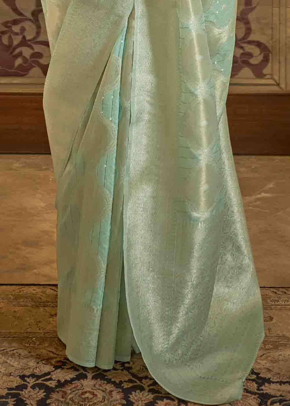 Mint Green Woven Banarasi Silk Saree with Sequins work - Colorful Saree