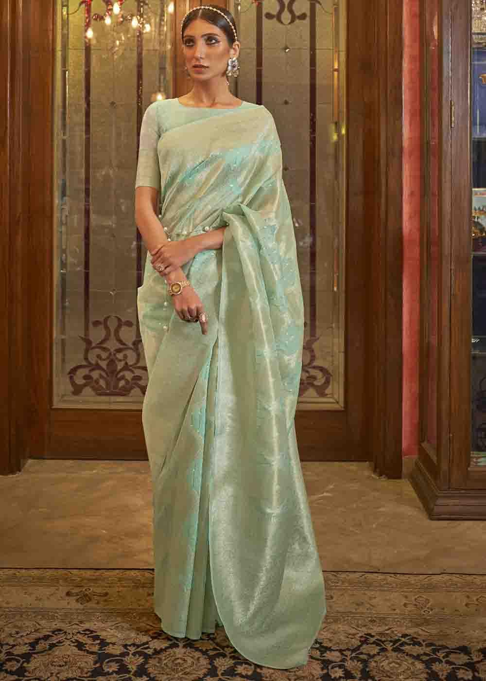 Mint Green Woven Banarasi Silk Saree with Sequins work - Colorful Saree