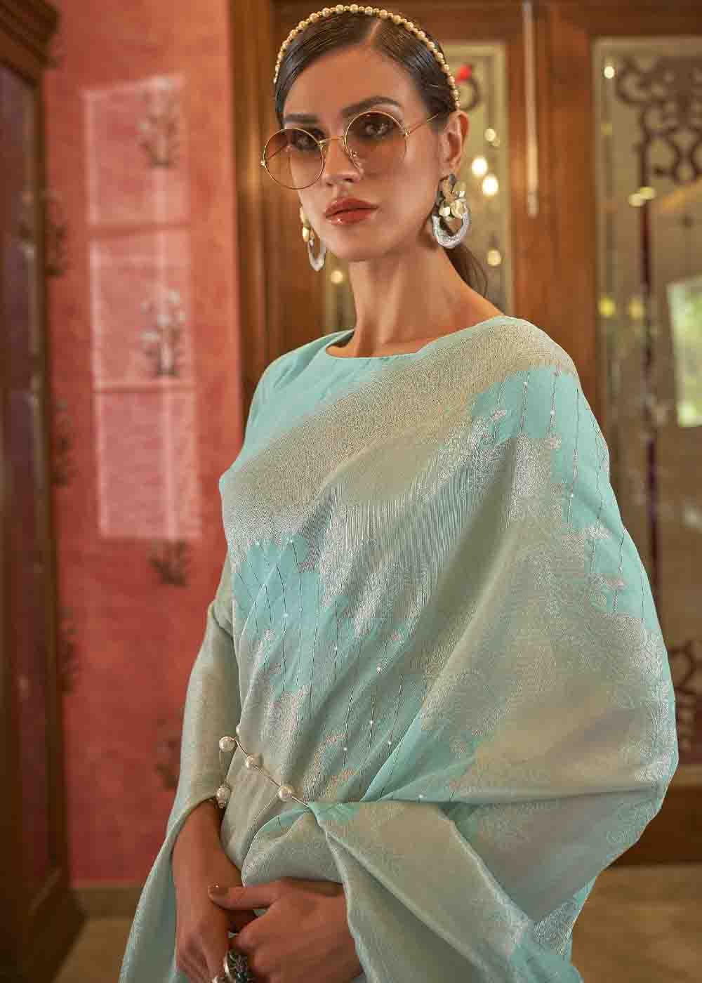 Arctic Blue Woven Banarasi Silk Saree with Sequins work - Colorful Saree