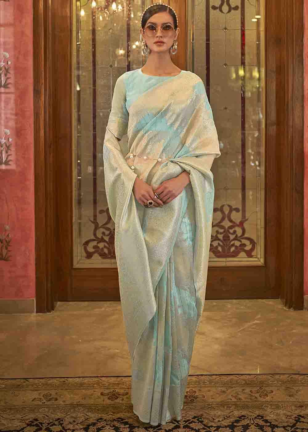 Arctic Blue Woven Banarasi Silk Saree with Sequins work - Colorful Saree