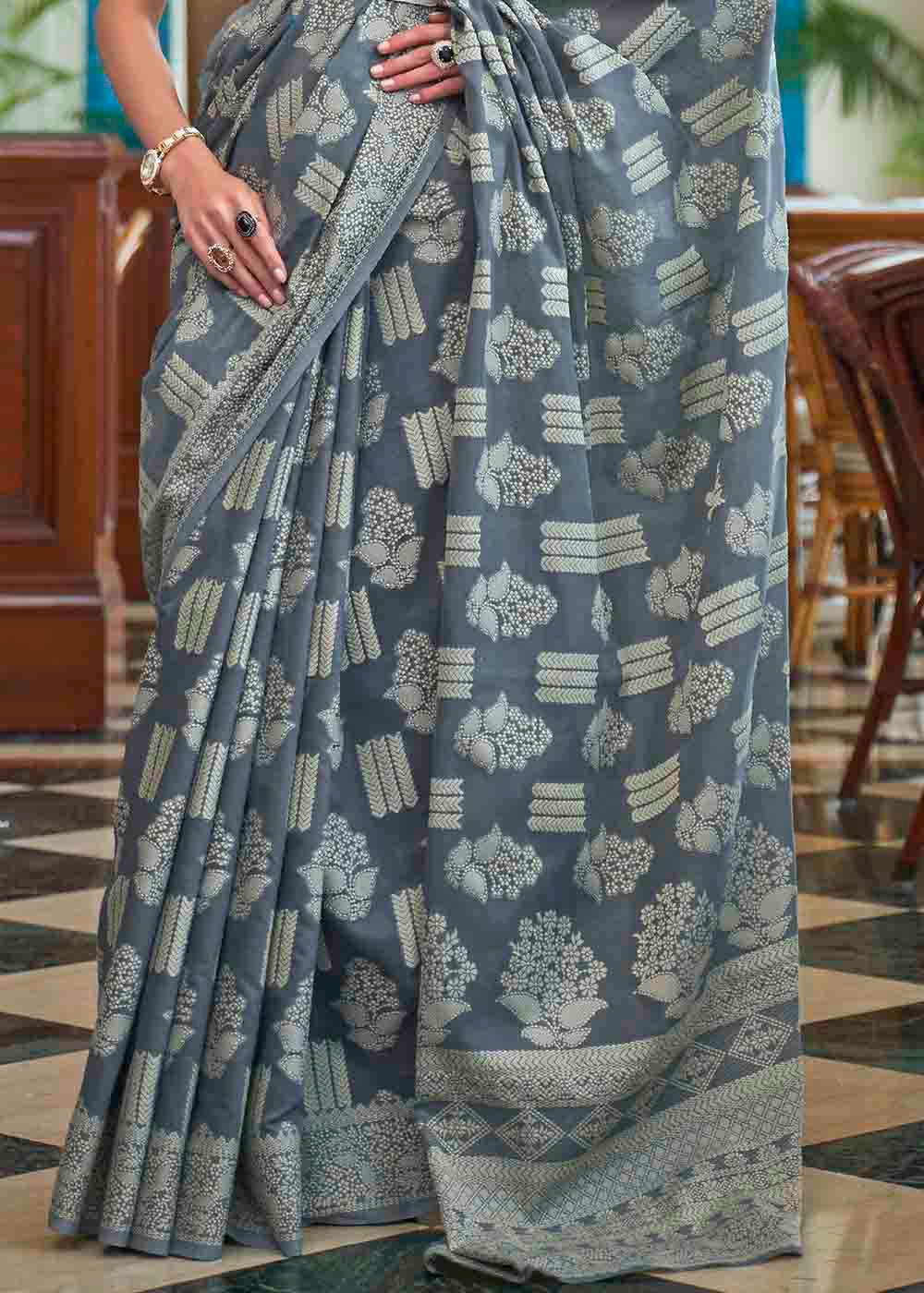 Anchor Grey Chikankari Weaving Silk Saree - Colorful Saree