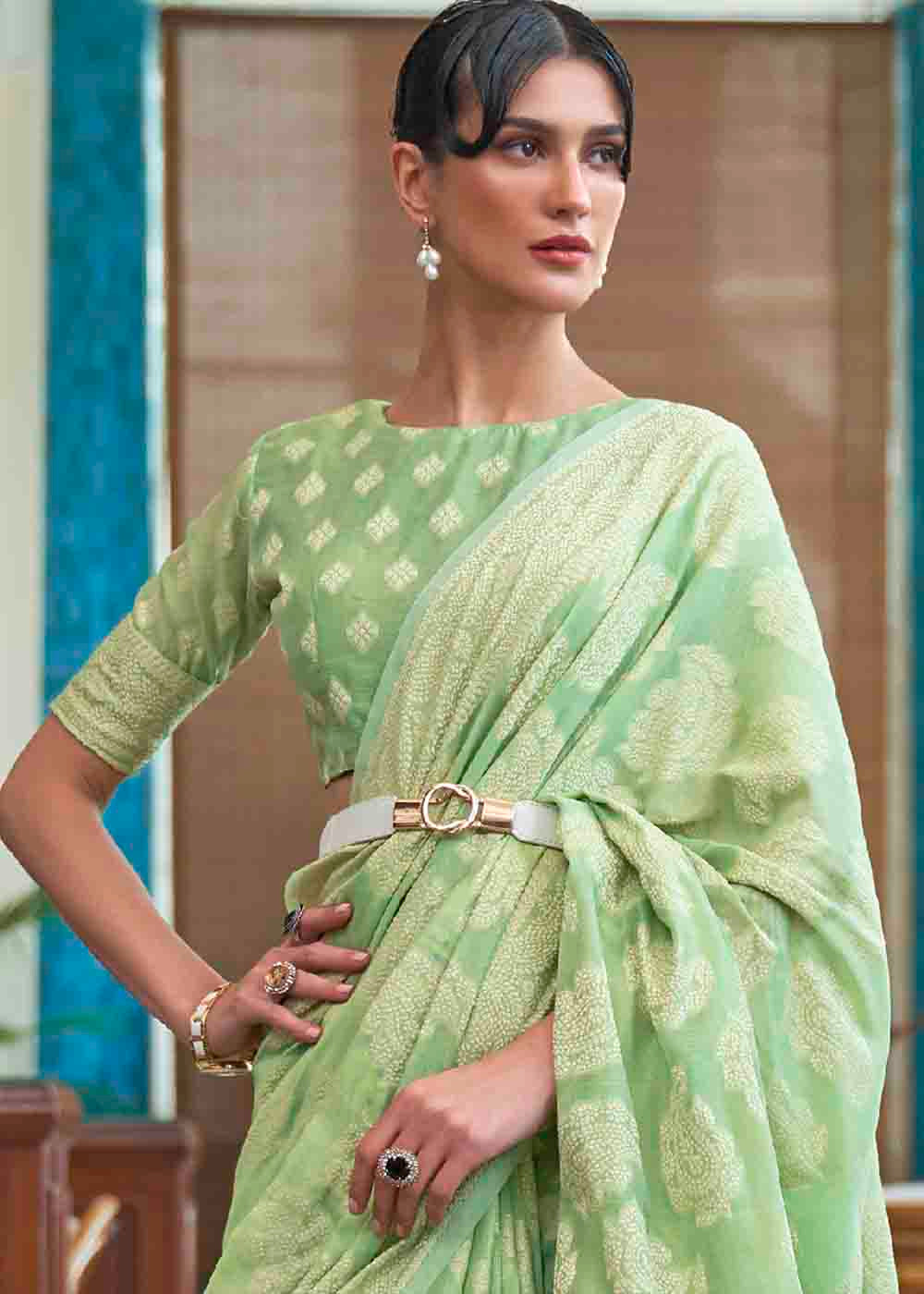 Pastel Green Chikankari Weaving Silk Saree - Colorful Saree