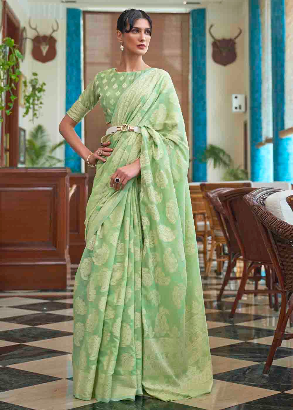 Pastel Green Chikankari Weaving Silk Saree - Colorful Saree