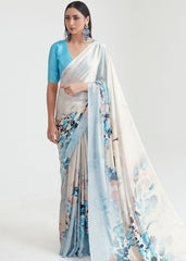 Pearl White & Blue Satin Silk Digital Printed Saree - Colorful Saree