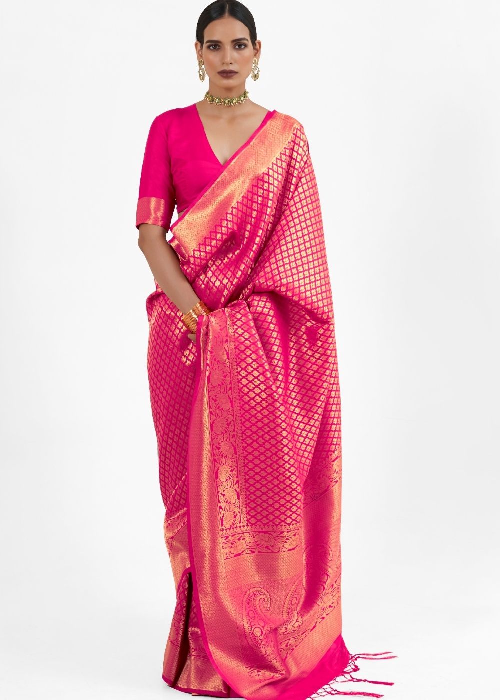 Magenta Pink Kanjivaram Soft Woven Silk Saree - Colorful Saree