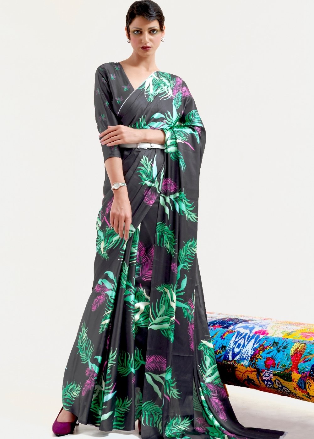 Ebony Black Digital Printed Satin Crepe Saree - Colorful Saree