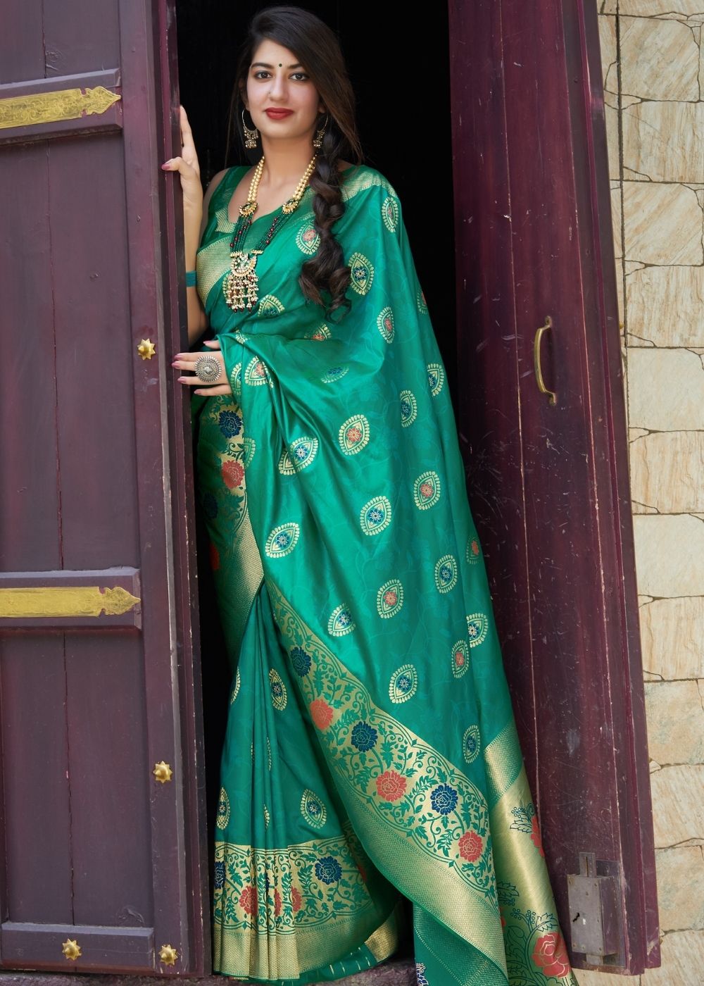 Emerald Green Silk Saree with Floral Motif Zari Border - Colorful Saree