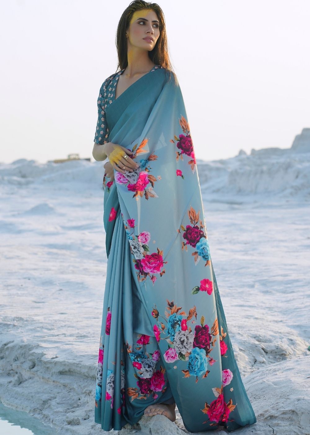 Turkish Blue Digital Printed Crepe Silk Saree - Colorful Saree