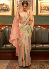 Pink Multicolour Woven Organza Silk Saree - Colorful Saree