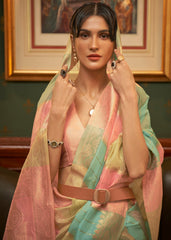 Pink Multicolour Woven Organza Silk Saree - Colorful Saree