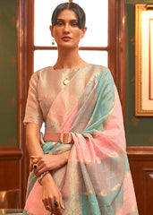 Pink & Blue Woven Organza Silk Saree - Colorful Saree