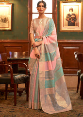 Pink & Blue Woven Organza Silk Saree - Colorful Saree