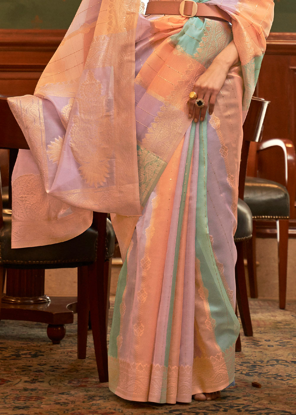 Orange Multicolour Woven Organza Silk Saree - Colorful Saree