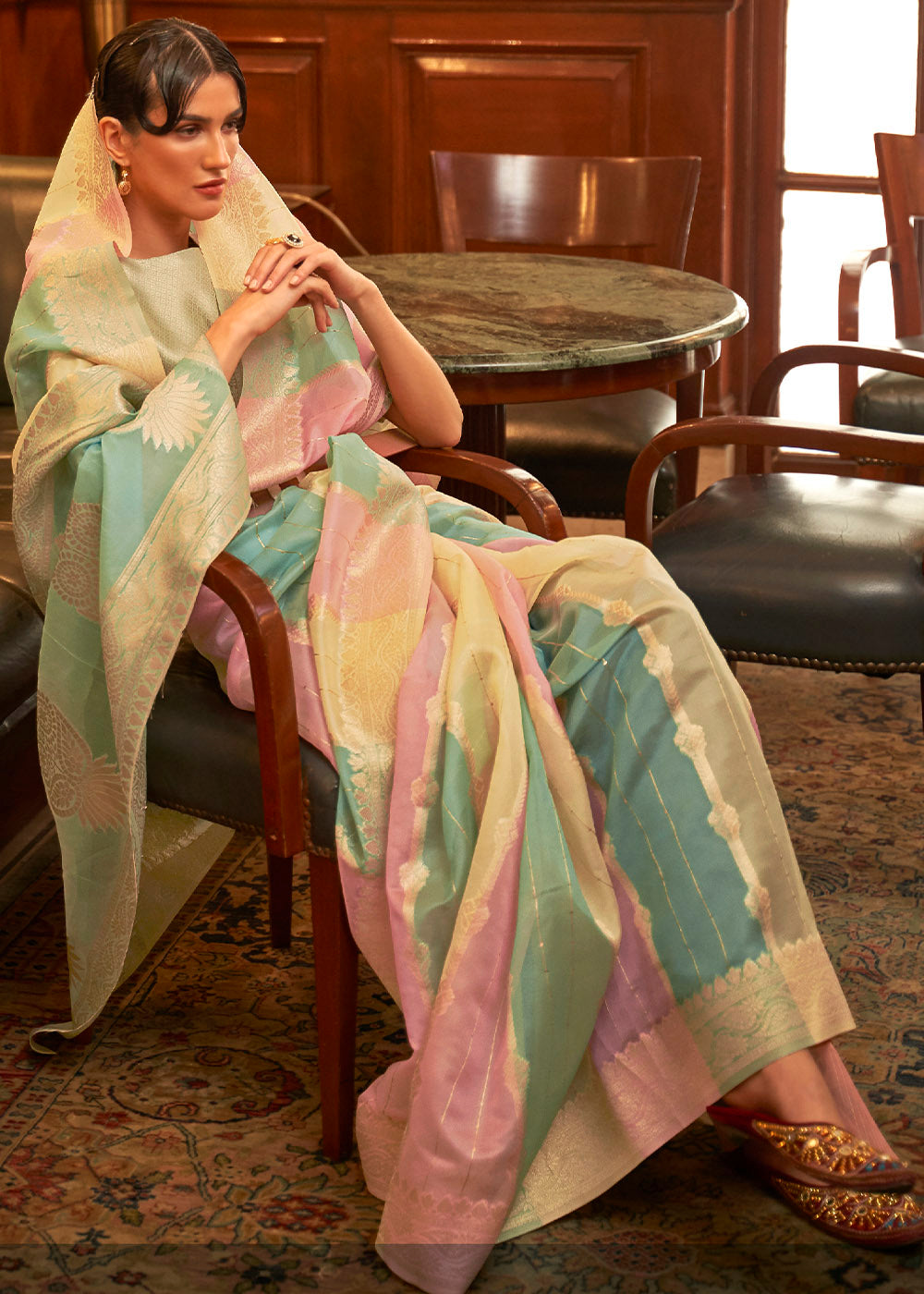 Green & Pink Woven Organza Silk Saree - Colorful Saree