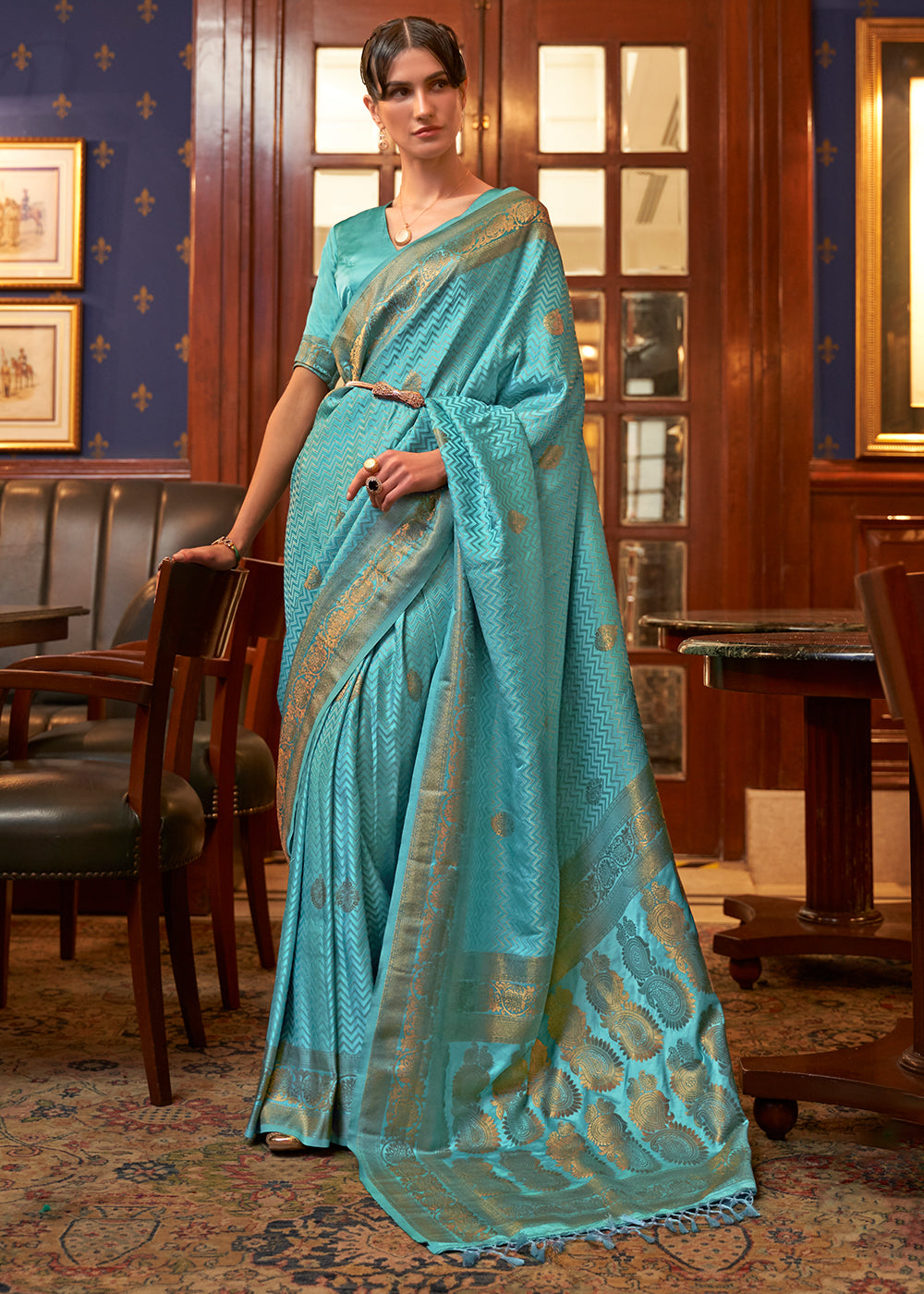 Cerulean Blue Designer Satin Silk Saree - Colorful Saree