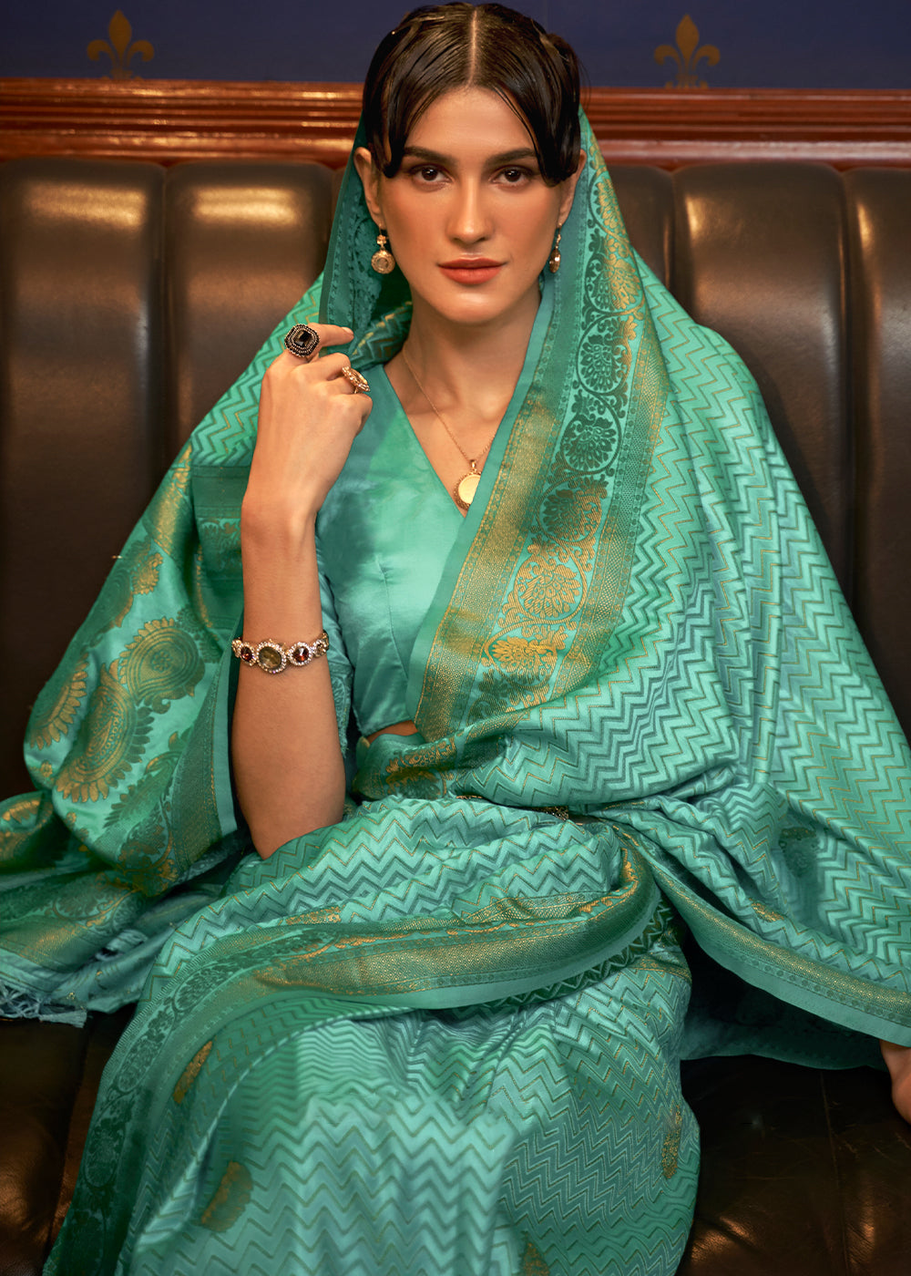 Caribbean Green Designer Satin Silk Saree - Colorful Saree