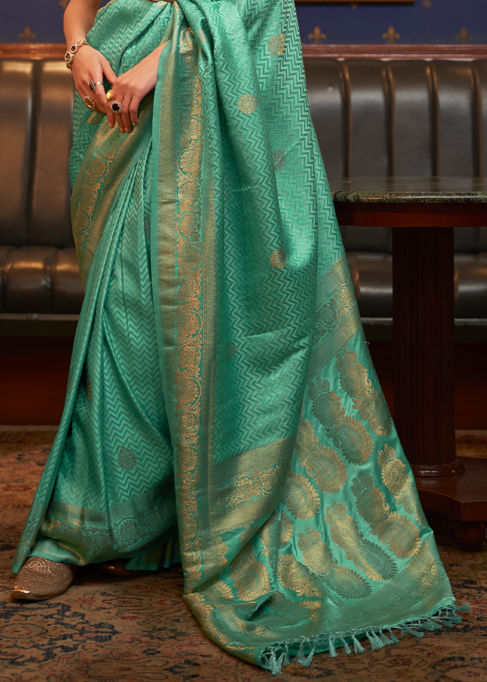 Caribbean Green Designer Satin Silk Saree - Colorful Saree