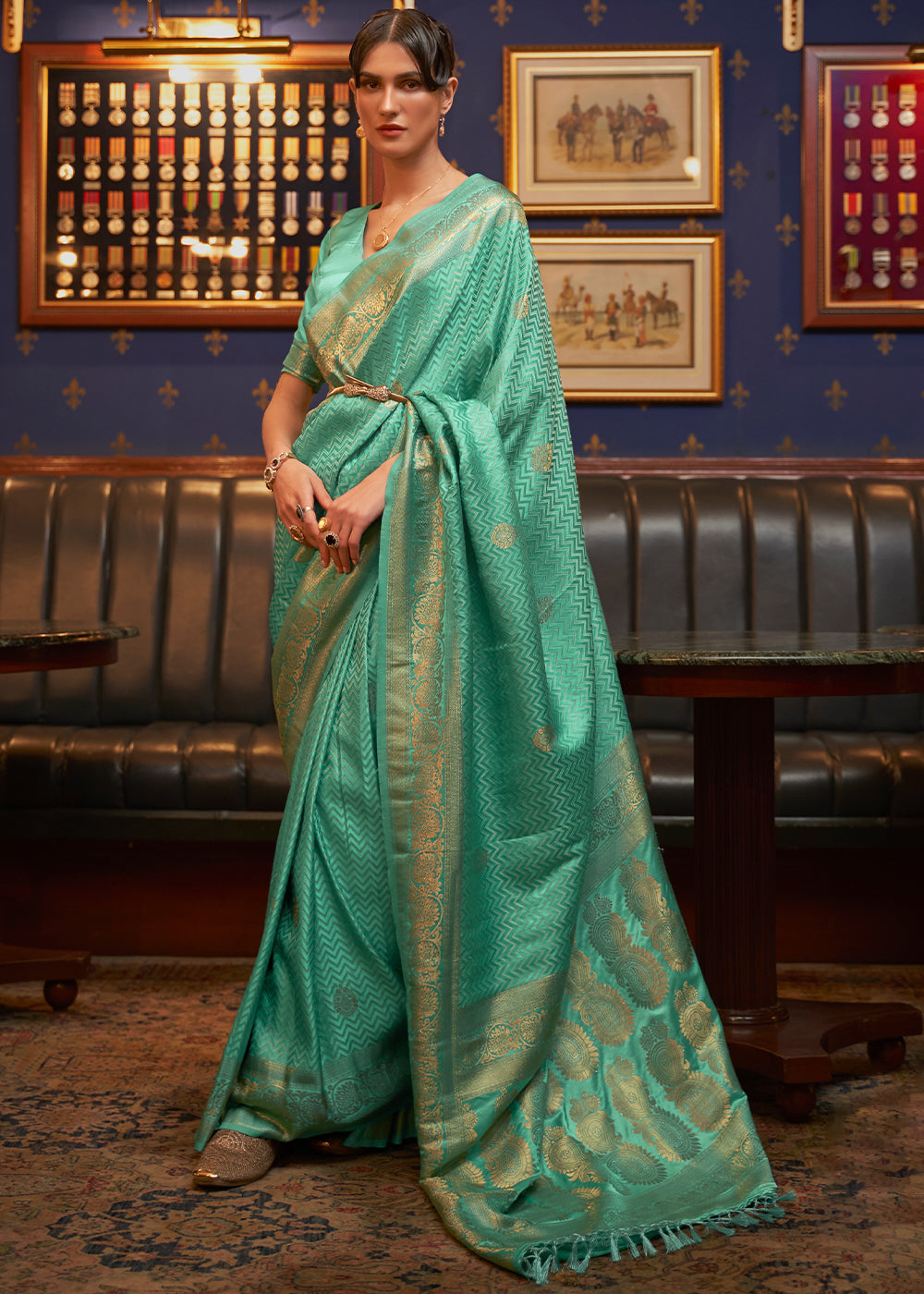 Caribbean Green Designer Satin Silk Saree - Colorful Saree