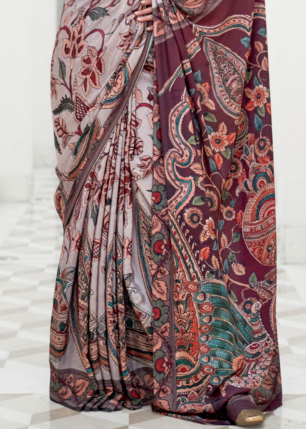 Cloudy Grey Digital Floral Printed Crepe Silk Saree - Colorful Saree