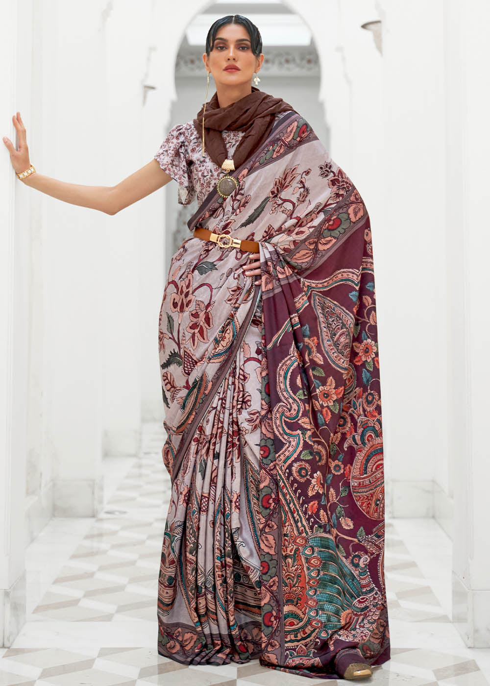 Cloudy Grey Digital Floral Printed Crepe Silk Saree - Colorful Saree