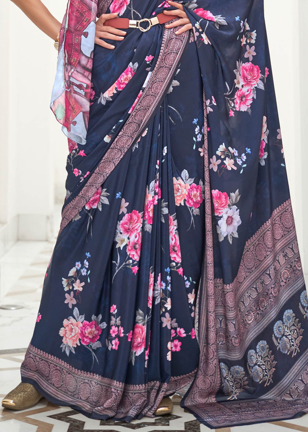 Prussian Blue Digital Floral Printed Crepe Silk Saree - Colorful Saree