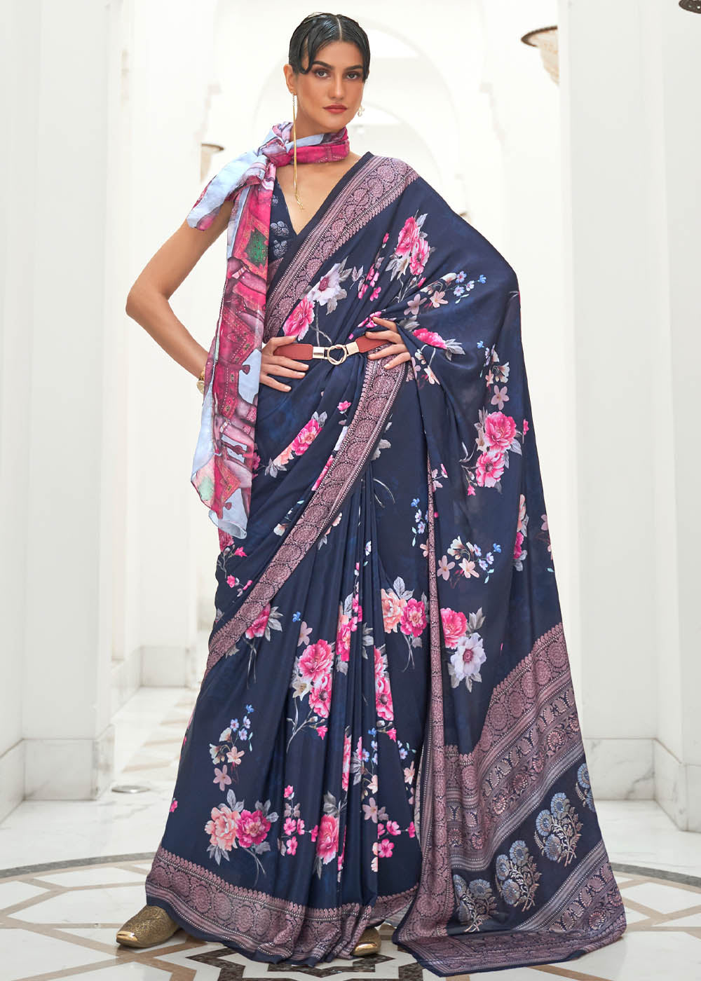 Prussian Blue Digital Floral Printed Crepe Silk Saree - Colorful Saree