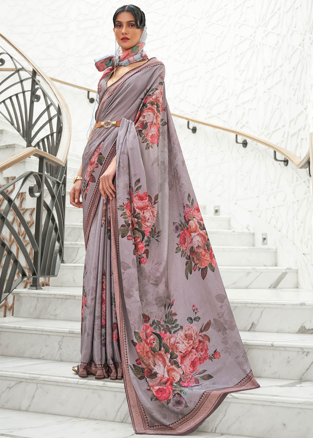 African Purple Digital Printed Crepe Silk Saree - Colorful Saree