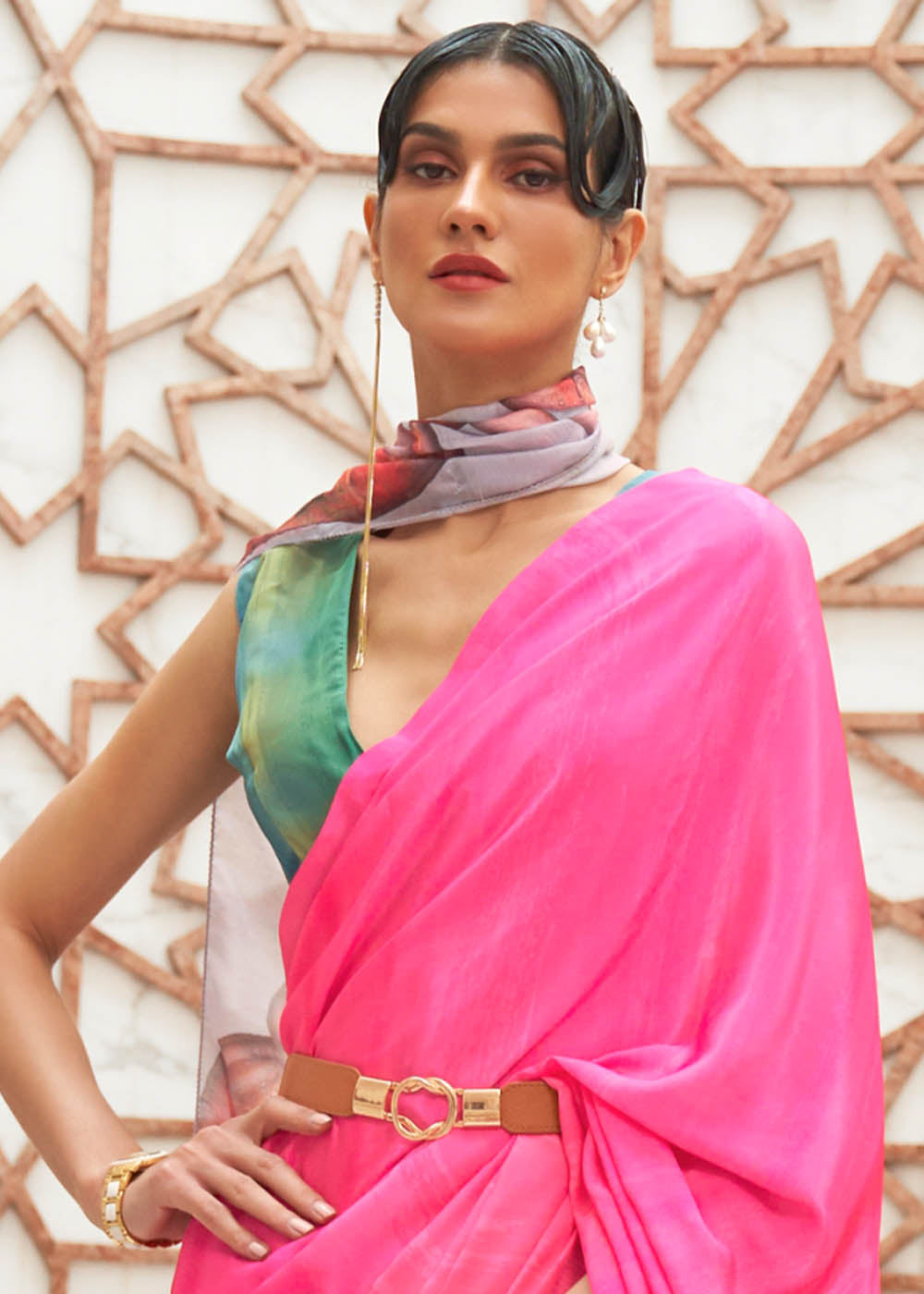 Hot Pink Digital Printed Crepe Silk Saree - Colorful Saree