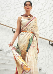 Parchment White Digital Printed Crepe Silk Saree - Colorful Saree