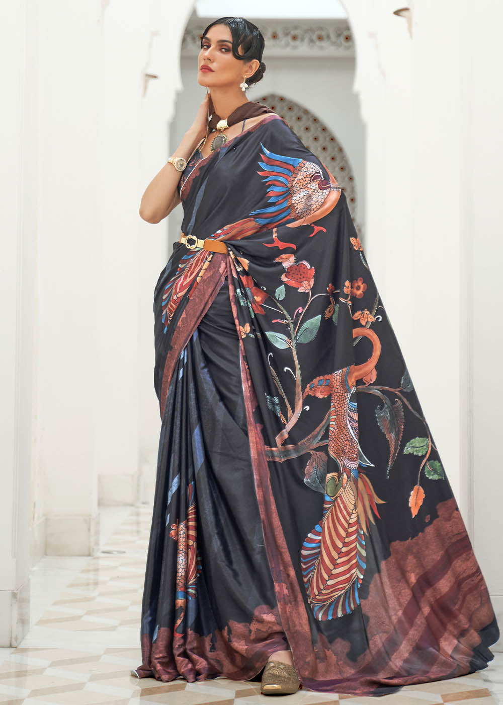 Sable Black Digital Printed Crepe Silk Saree - Colorful Saree