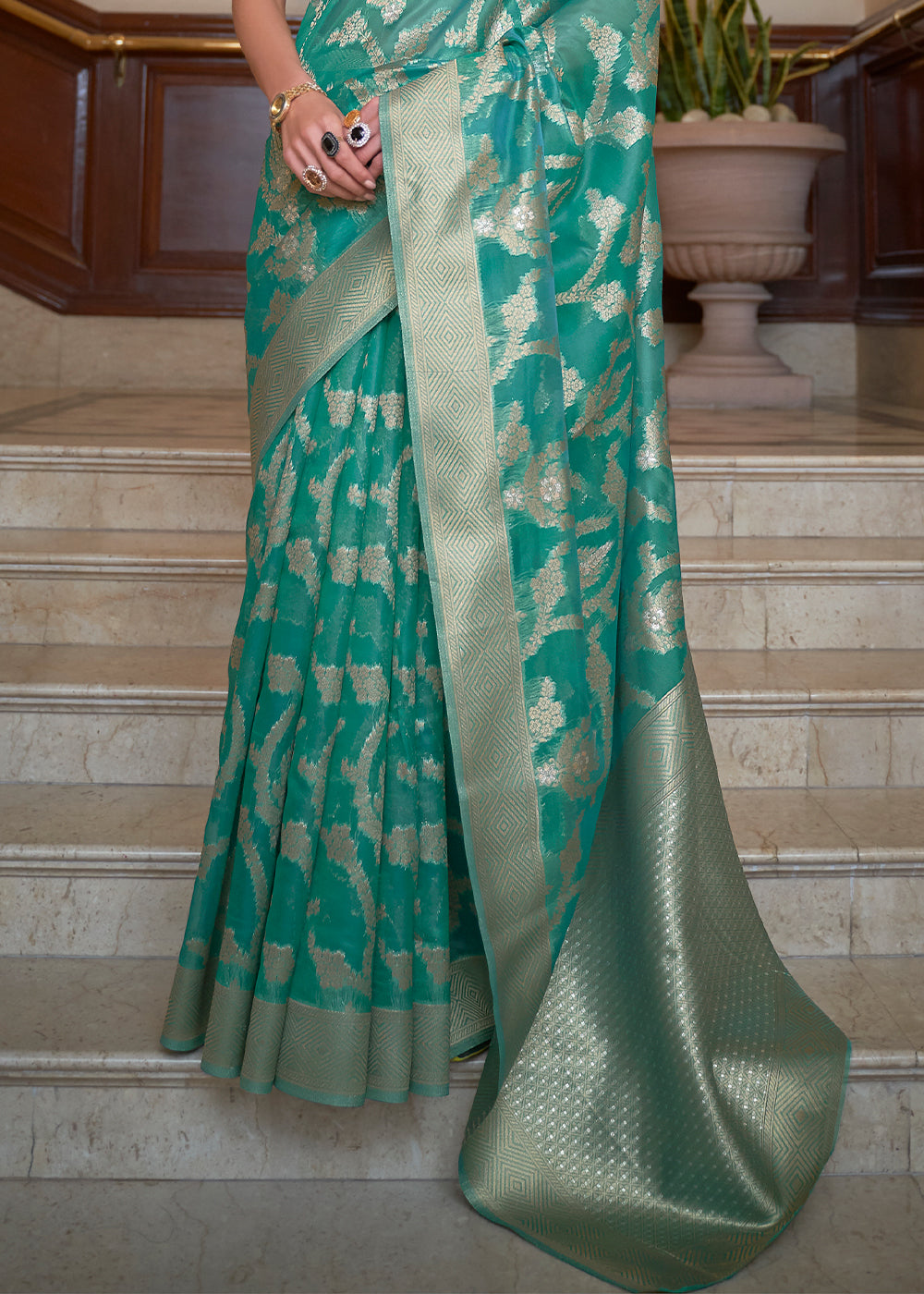 Tiffany Blue Green Two Tone Handloom Woven Organza Silk Saree - Colorful Saree