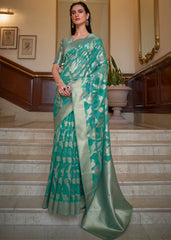 Tiffany Blue Green Two Tone Handloom Woven Organza Silk Saree - Colorful Saree