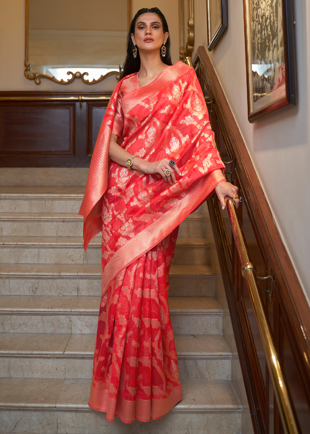 Crimson Red Two Tone Handloom Woven Organza Silk Saree - Colorful Saree