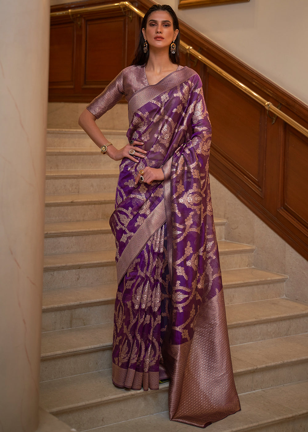 Eminence Purple Two Tone Handloom Woven Organza Silk Saree - Colorful Saree