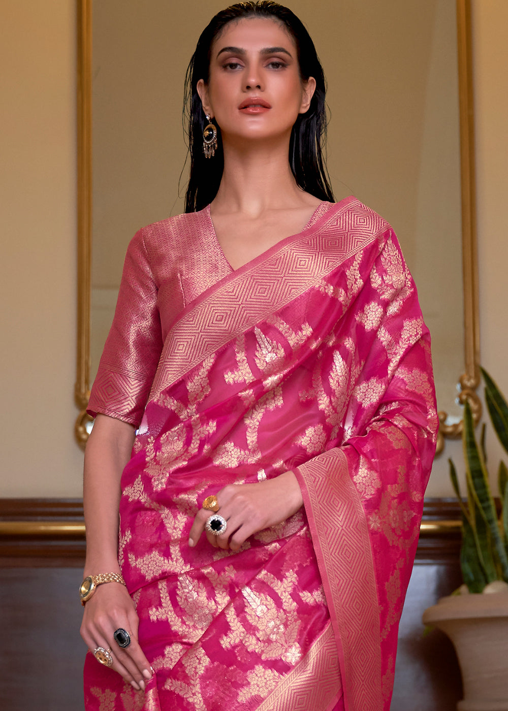 Hot Pink Two Tone Handloom Woven Organza Silk Saree - Colorful Saree