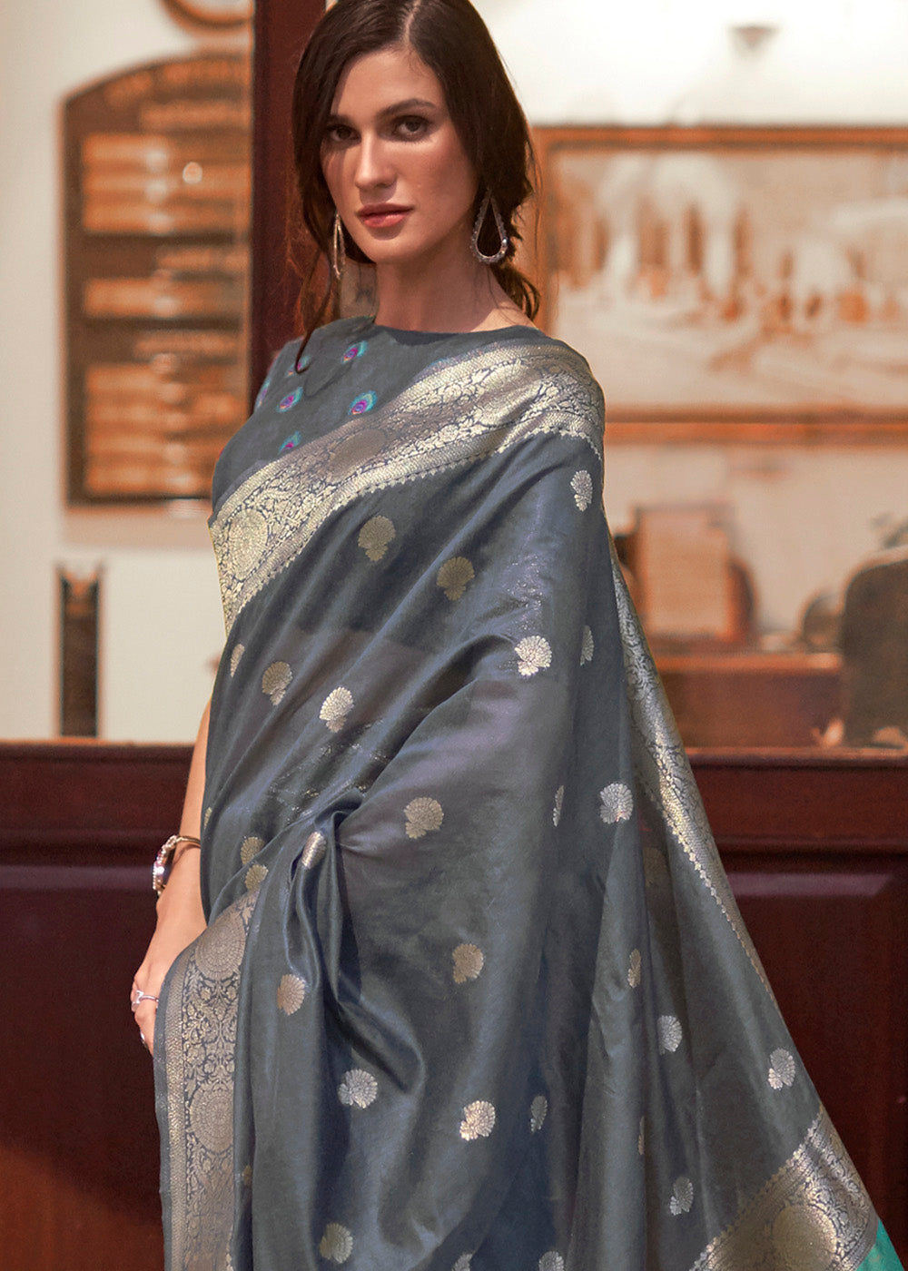 Lead Grey Woven Chanderi Banarasi Fusion Silk Saree - Colorful Saree