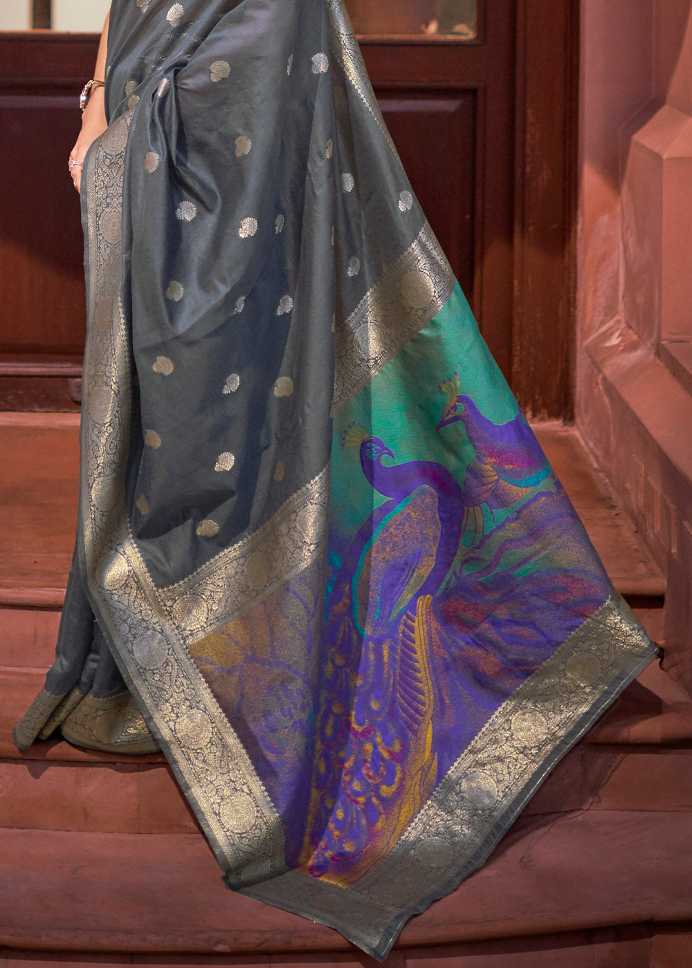 Lead Grey Woven Chanderi Banarasi Fusion Silk Saree - Colorful Saree