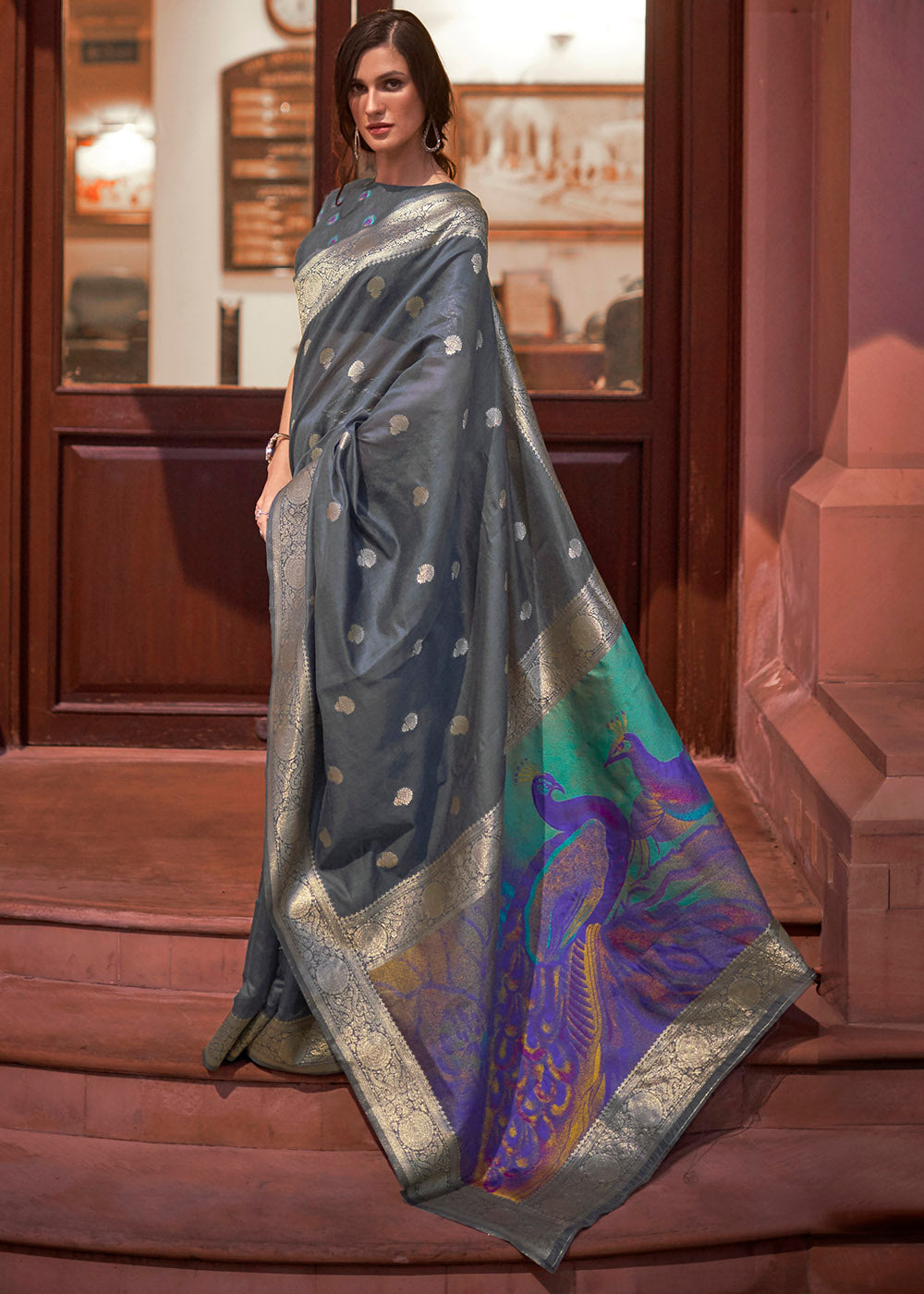 Lead Grey Woven Chanderi Banarasi Fusion Silk Saree - Colorful Saree