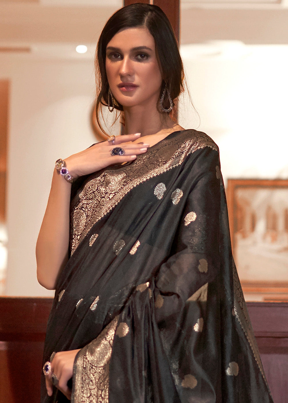 Midnight Black Woven Chanderi Banarasi Fusion Silk Saree - Colorful Saree