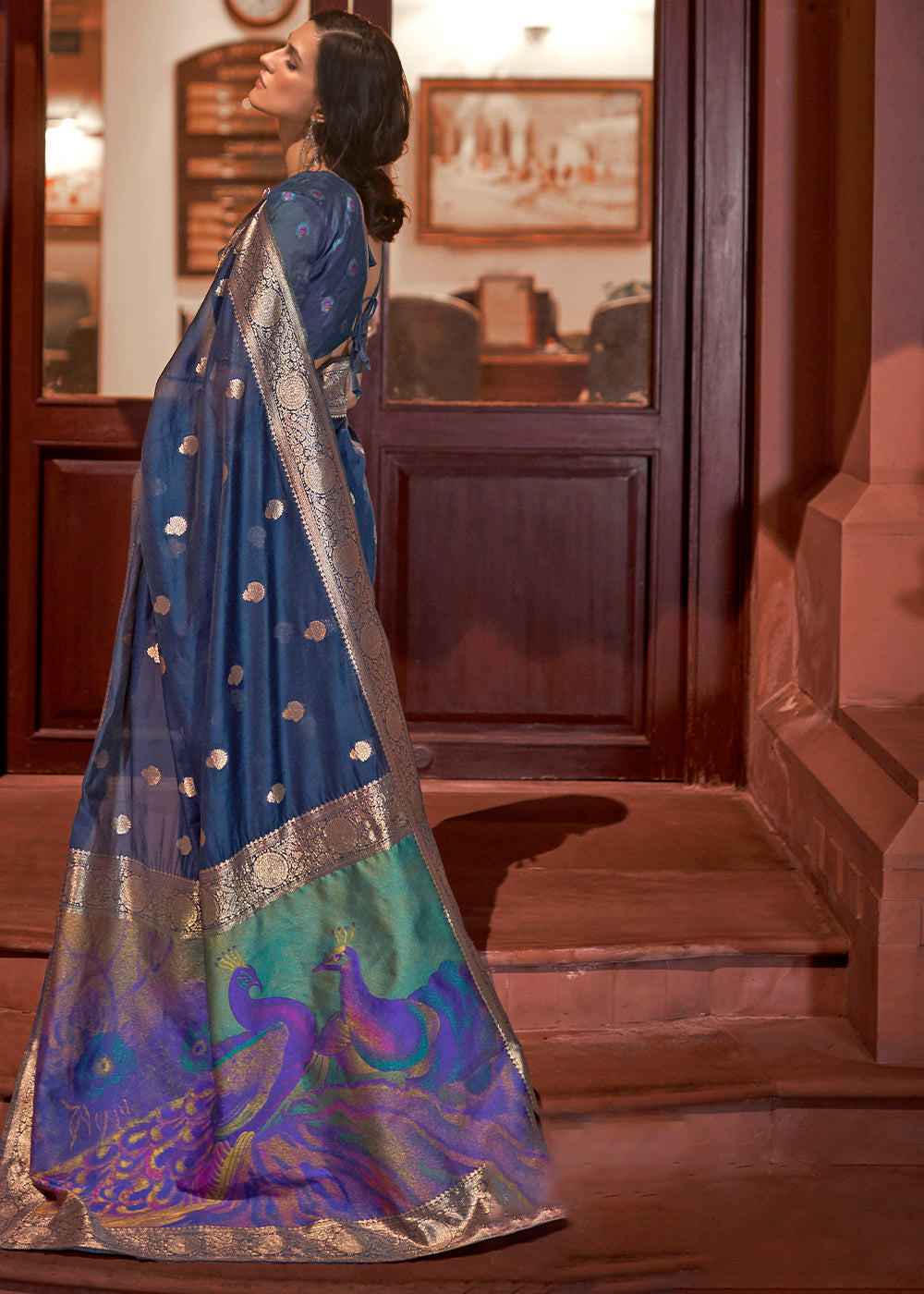 Space Blue Woven Chanderi Banarasi Fusion Silk Saree - Colorful Saree