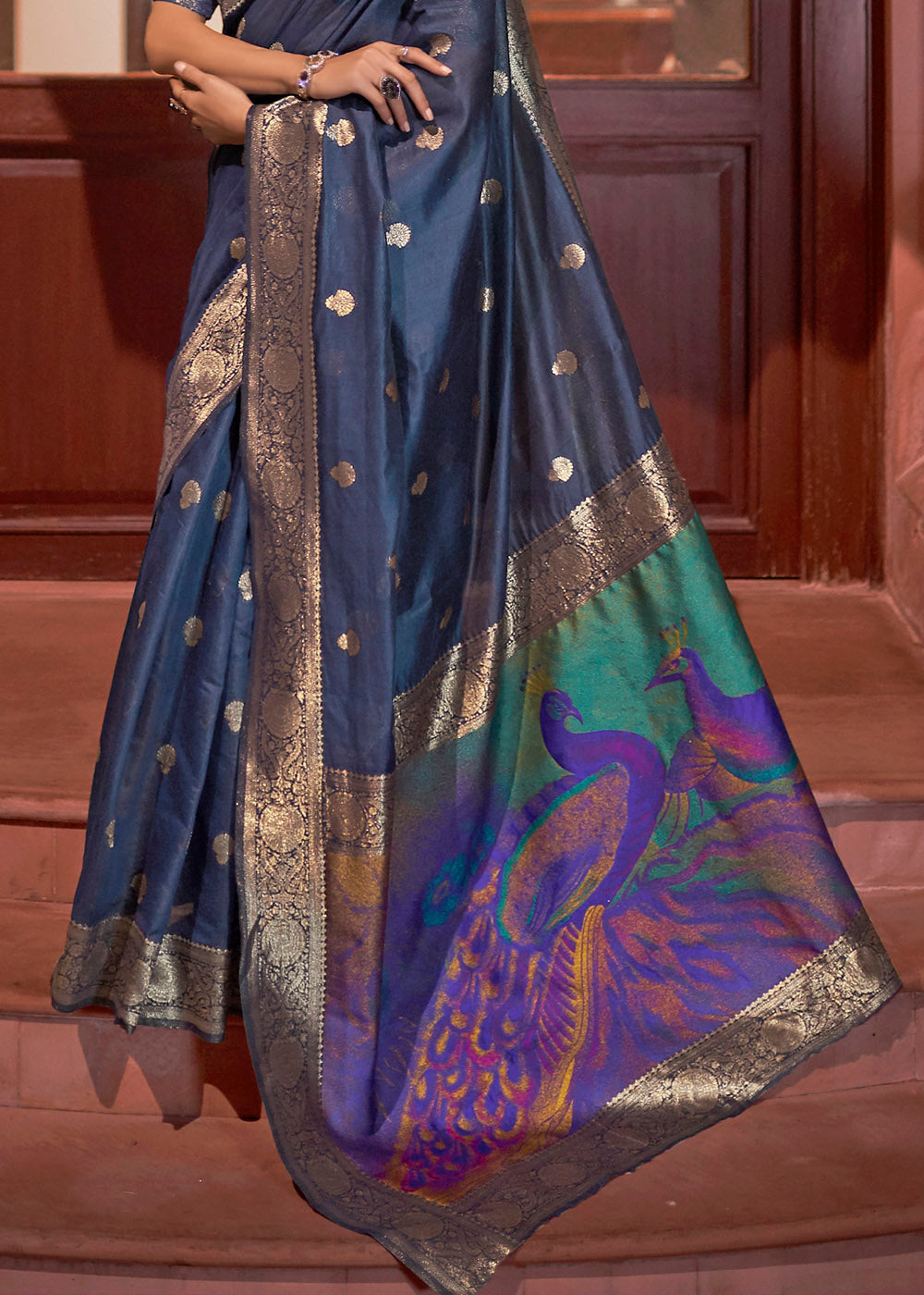 Space Blue Woven Chanderi Banarasi Fusion Silk Saree - Colorful Saree