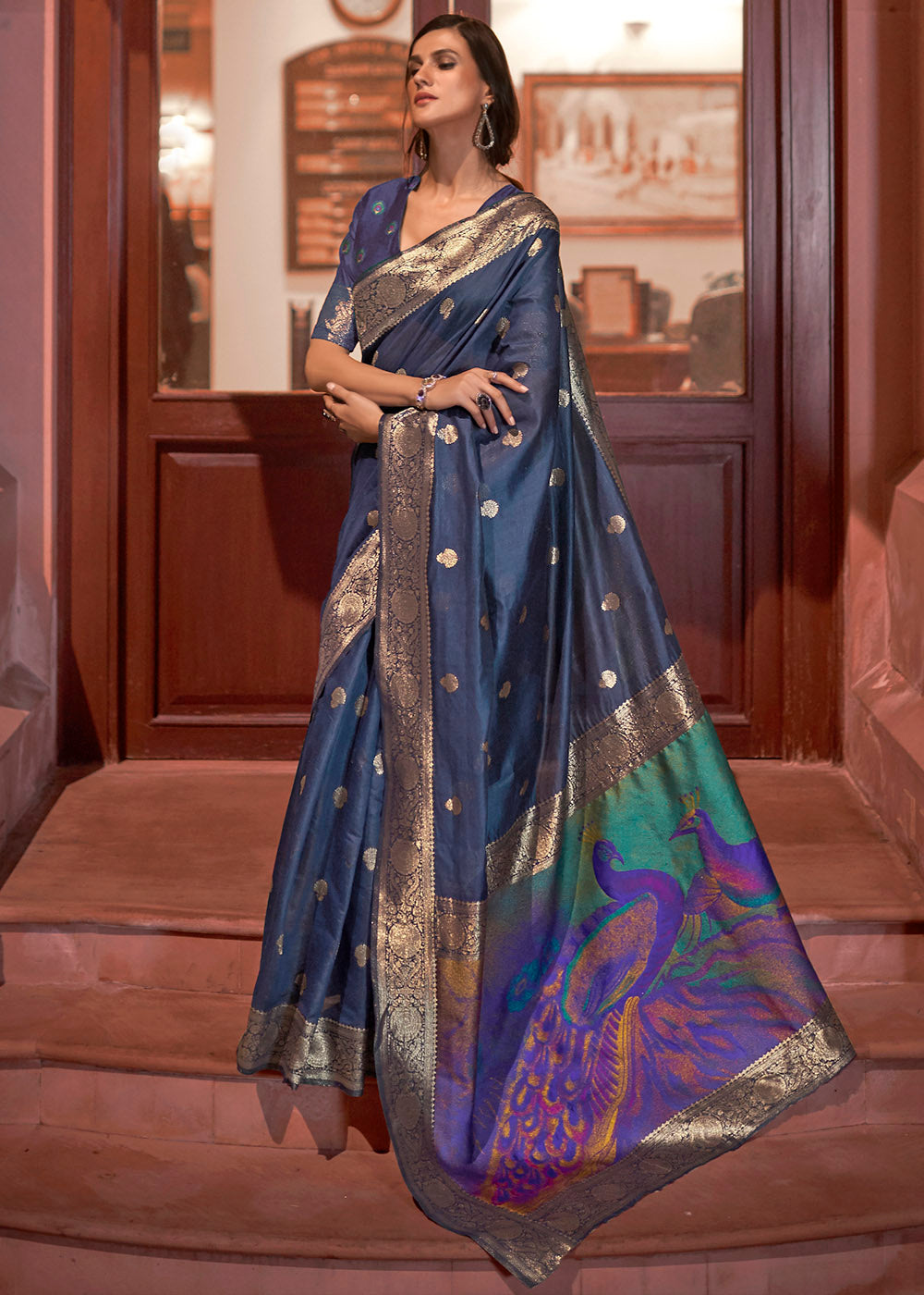 Space Blue Woven Chanderi Banarasi Fusion Silk Saree - Colorful Saree